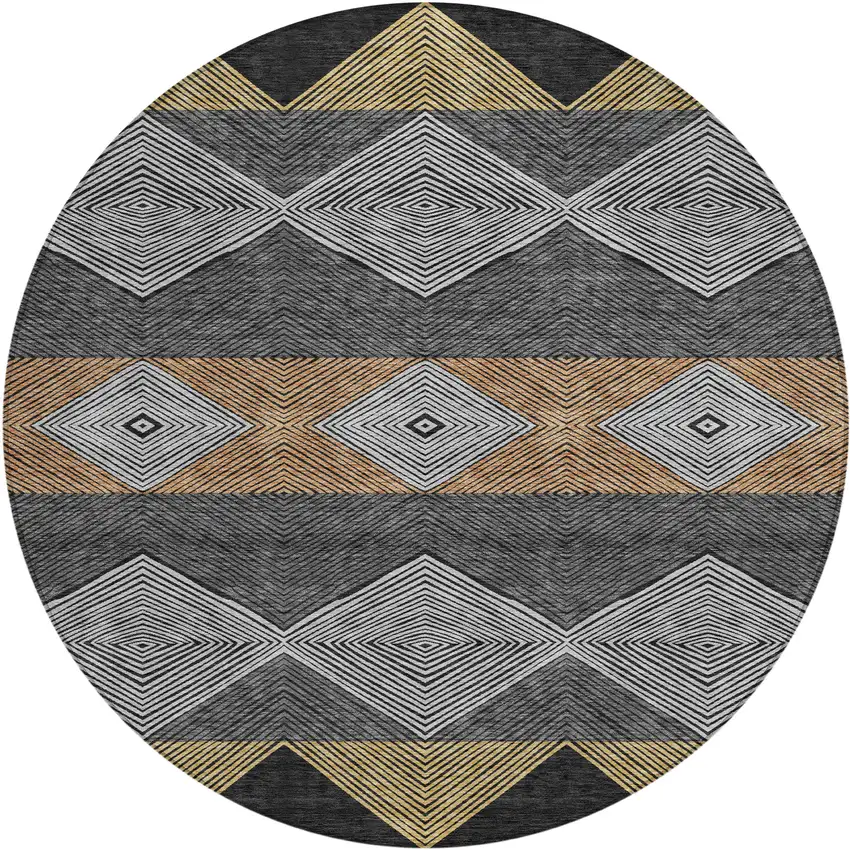 8' Black And Granite Gray Round Geometric Washable Indoor Outdoor Area Rug Photo 6