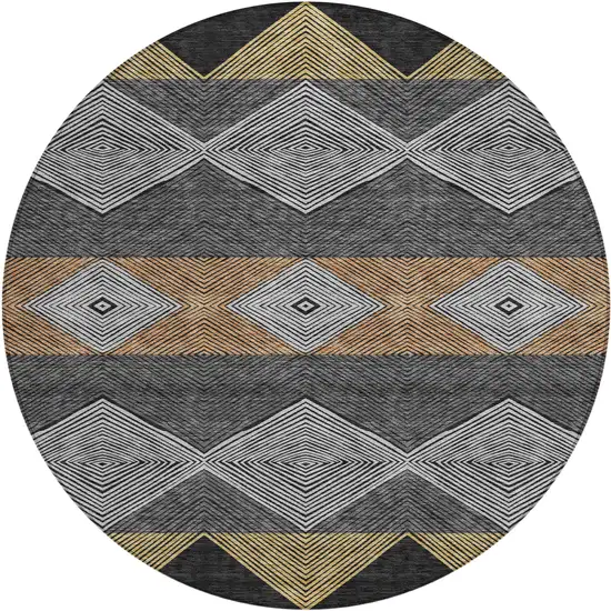 8' Black And Granite Gray Round Geometric Washable Indoor Outdoor Area Rug Photo 6