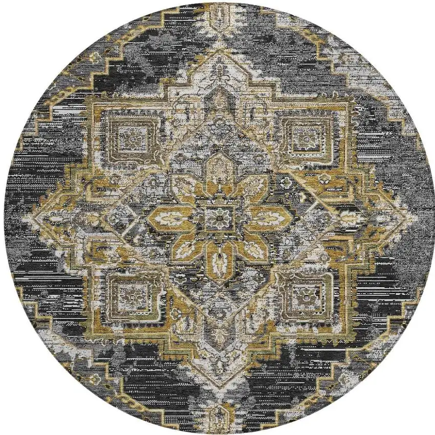 8' Black And Granite Gray Round Oriental Washable Indoor Outdoor Area Rug Photo 4