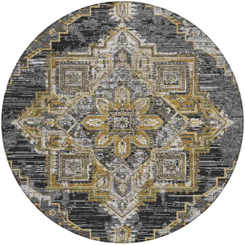 8' Black And Granite Gray Round Oriental Washable Indoor Outdoor Area Rug Photo 2