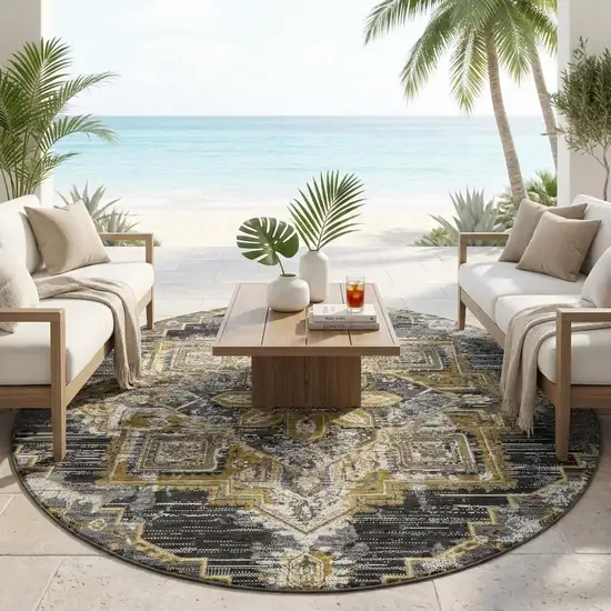 8' Black And Granite Gray Round Oriental Washable Indoor Outdoor Area Rug Photo 1