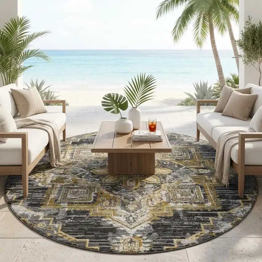 8' Black And Granite Gray Round Oriental Washable Indoor Outdoor Area Rug Photo 1