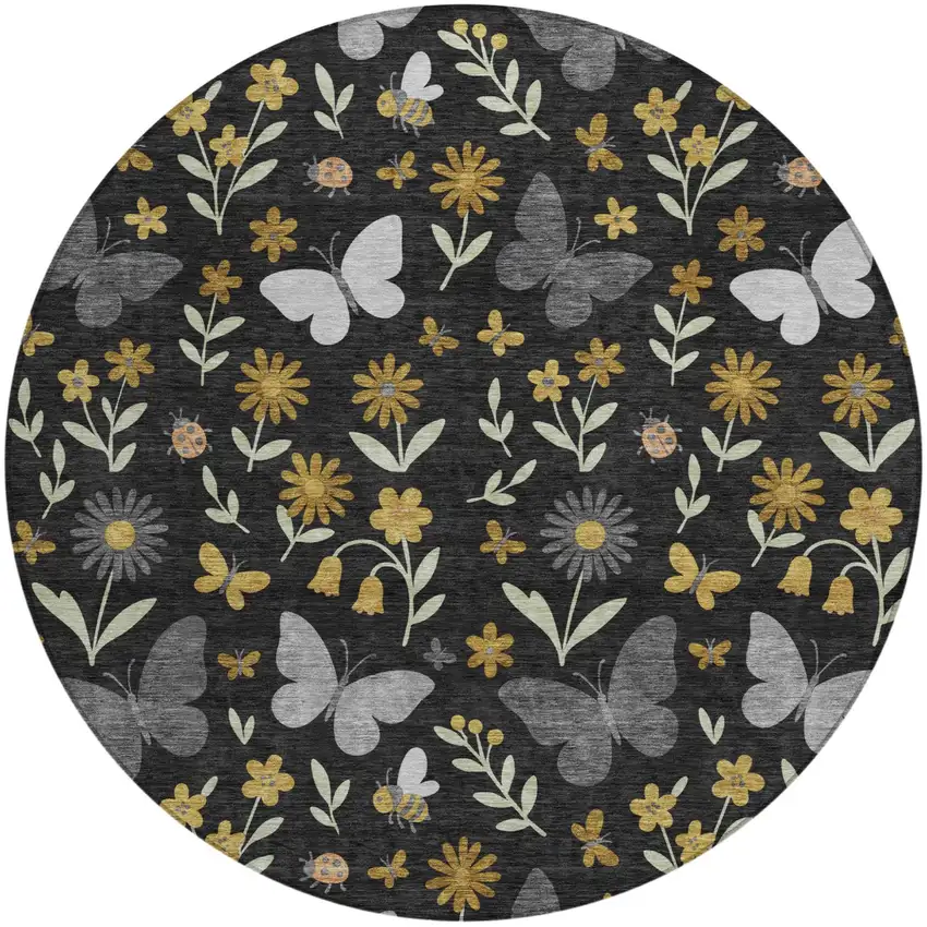 8' Black And Graphite Round Abstract Washable Indoor Outdoor Area Rug Photo 1