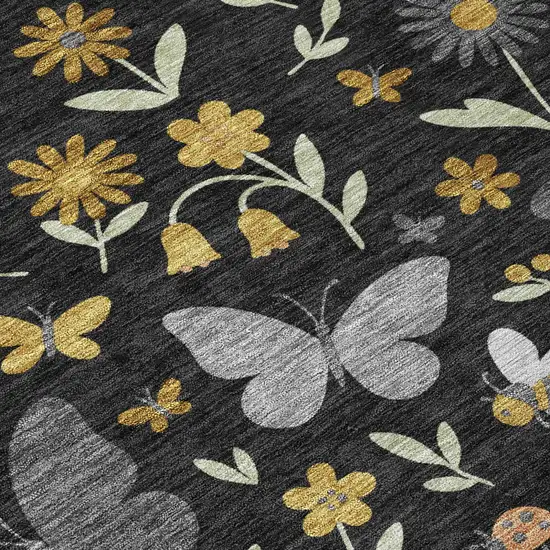 8' Black And Graphite Round Abstract Washable Indoor Outdoor Area Rug Photo 5