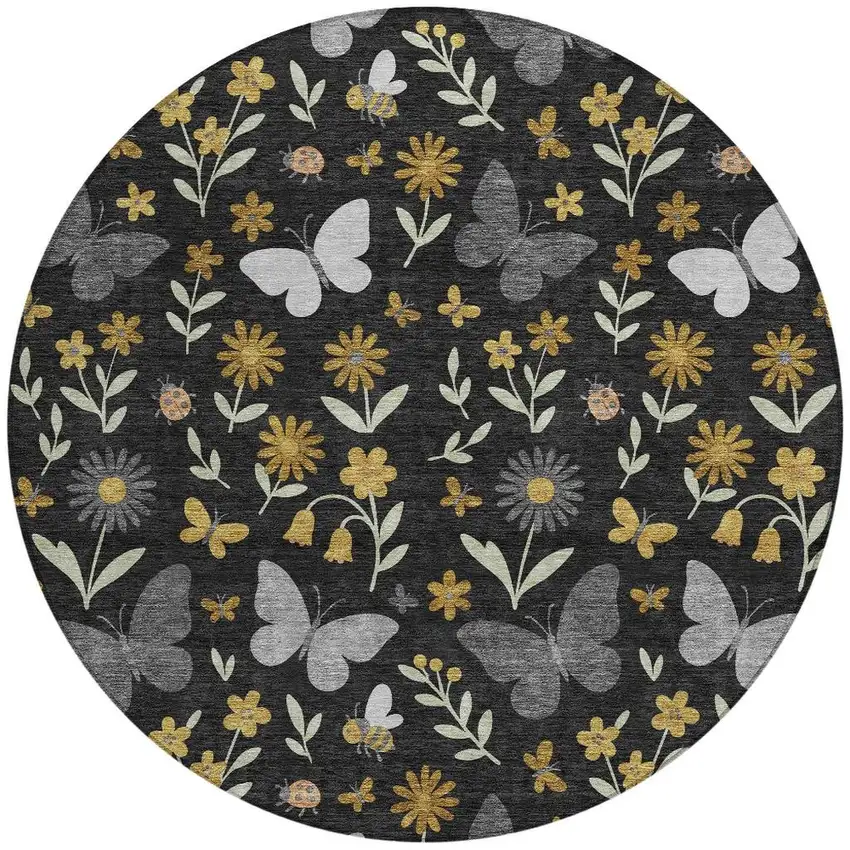 8' Black And Graphite Round Abstract Washable Indoor Outdoor Area Rug Photo 3
