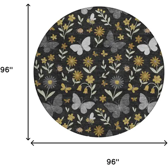 8' Black And Graphite Round Abstract Washable Indoor Outdoor Area Rug Photo 6