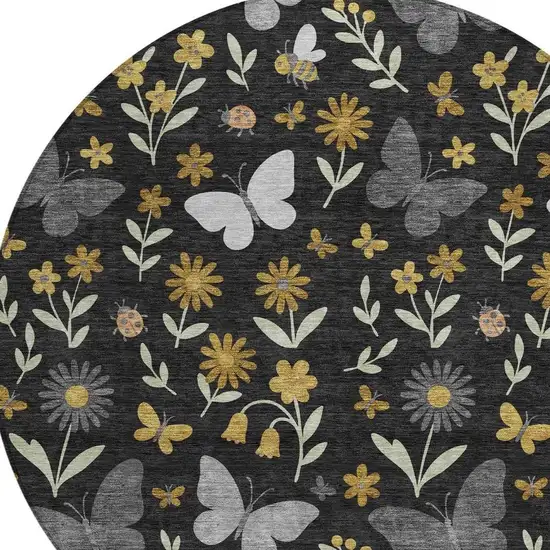 8' Black And Graphite Round Abstract Washable Indoor Outdoor Area Rug Photo 2