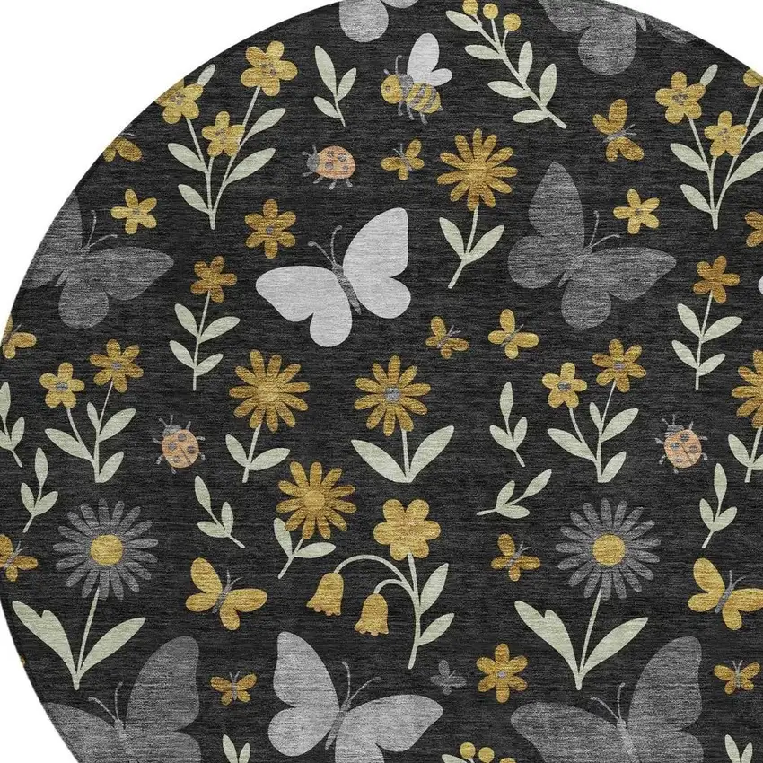 8' Black And Graphite Round Abstract Washable Indoor Outdoor Area Rug Photo 2