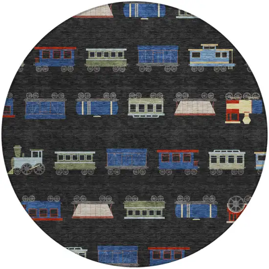 8' Black And Graphite Round Abstract Washable Indoor Outdoor Area Rug Photo 2