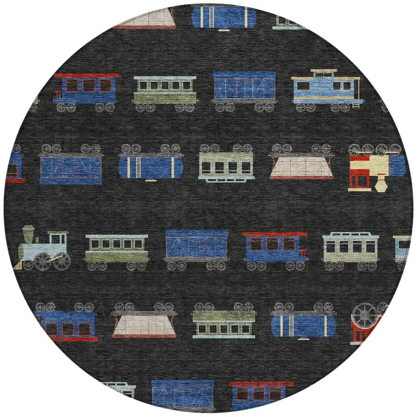 8' Black And Graphite Round Abstract Washable Indoor Outdoor Area Rug Photo 1