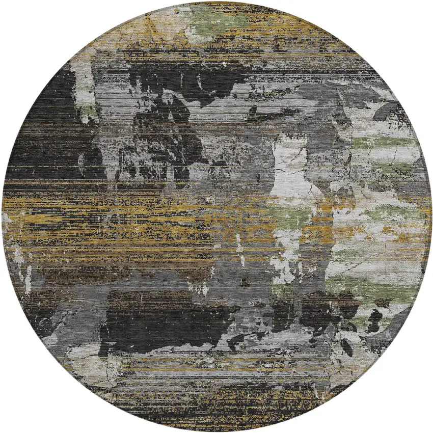 8' Black And Graphite Round Abstract Washable Indoor Outdoor Area Rug Photo 1