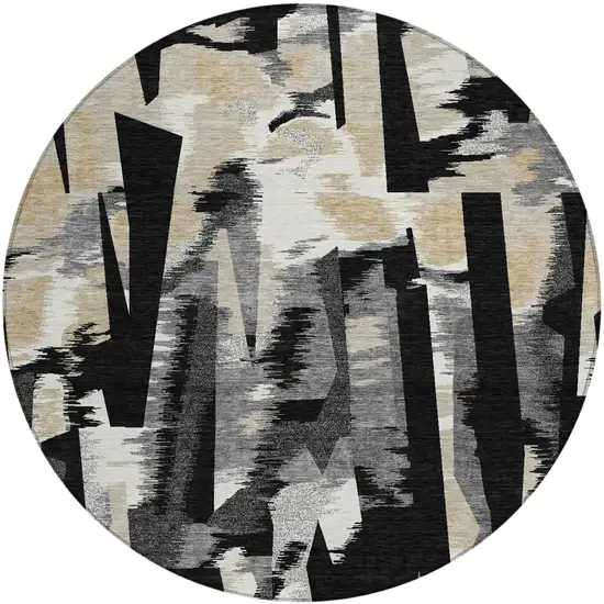 8' Black And Graphite Round Abstract Washable Indoor Outdoor Area Rug Photo 9