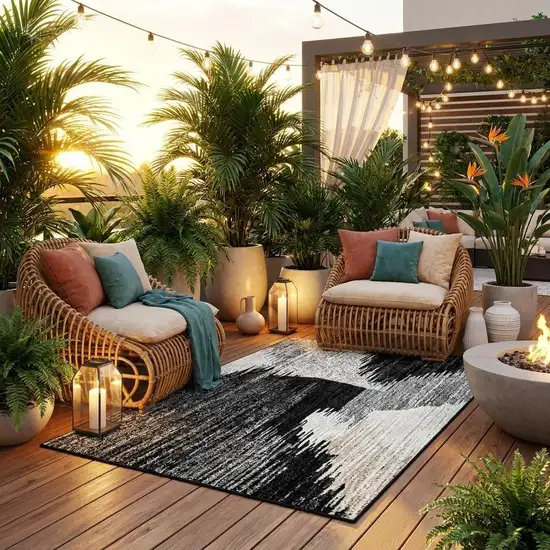 8' Black And Graphite Round Abstract Washable Indoor Outdoor Area Rug Photo 1
