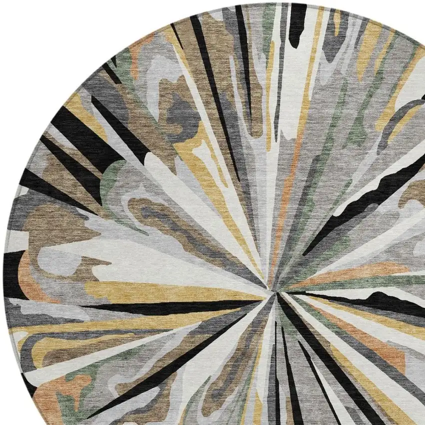 8' Black And Graphite Round Abstract Washable Indoor Outdoor Area Rug Photo 6