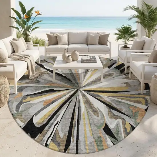 8' Black And Graphite Round Abstract Washable Indoor Outdoor Area Rug Photo 1