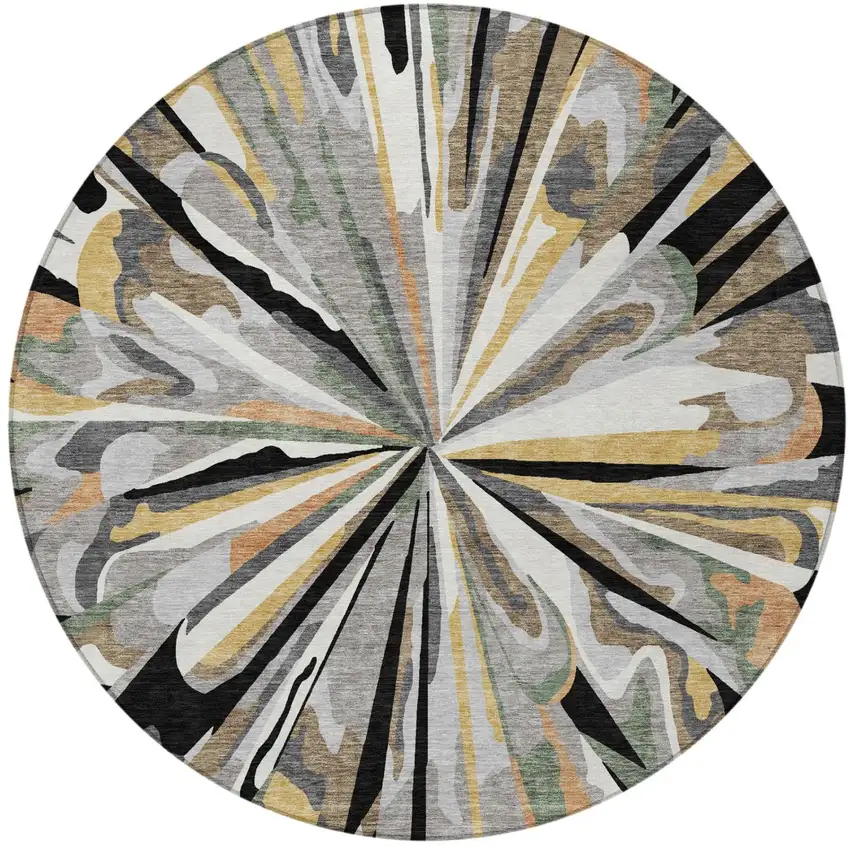 8' Black And Graphite Round Abstract Washable Indoor Outdoor Area Rug Photo 4