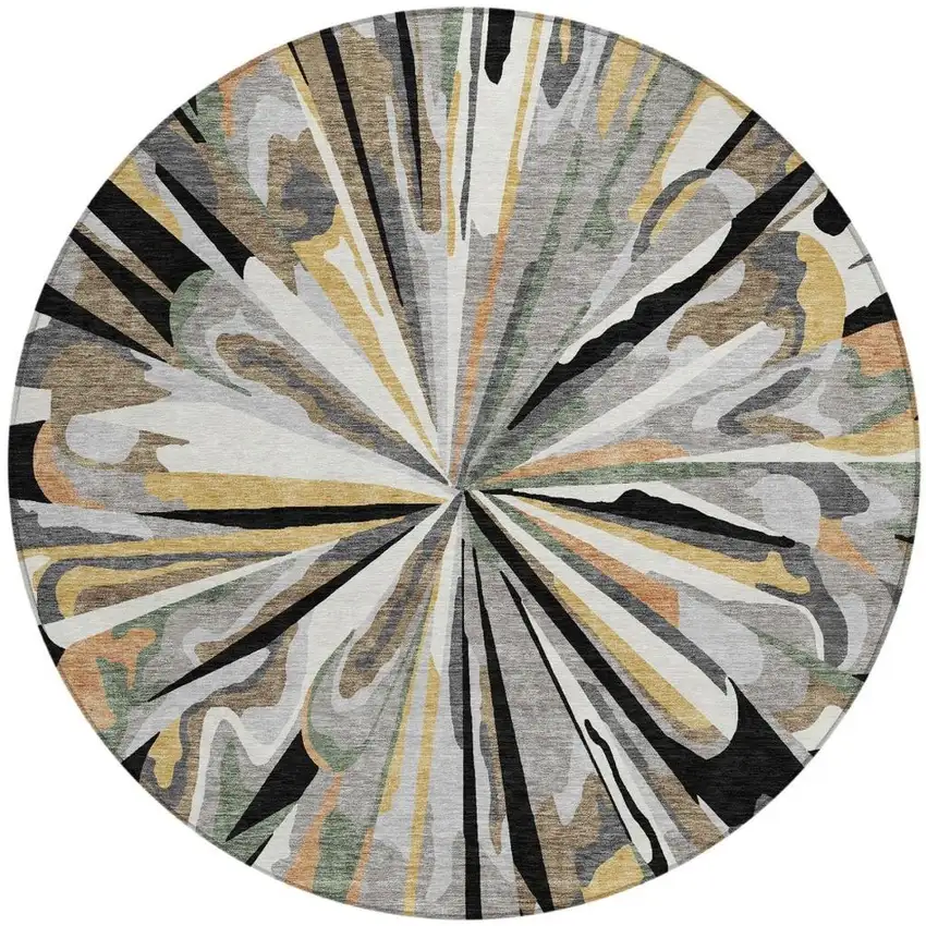 8' Black And Graphite Round Abstract Washable Indoor Outdoor Area Rug Photo 8