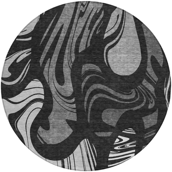 8' Black And Graphite Round Abstract Washable Indoor Outdoor Area Rug Photo 2