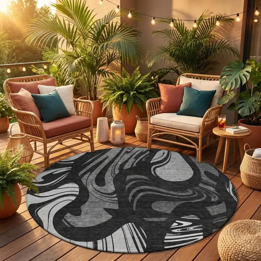 8' Black And Graphite Round Abstract Washable Indoor Outdoor Area Rug Photo 1