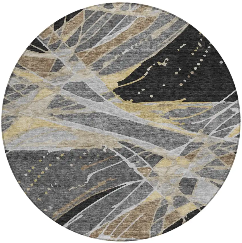 8' Black And Graphite Round Abstract Washable Indoor Outdoor Area Rug Photo 2