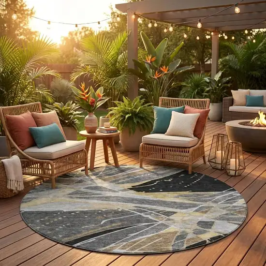 8' Black And Graphite Round Abstract Washable Indoor Outdoor Area Rug Photo 1