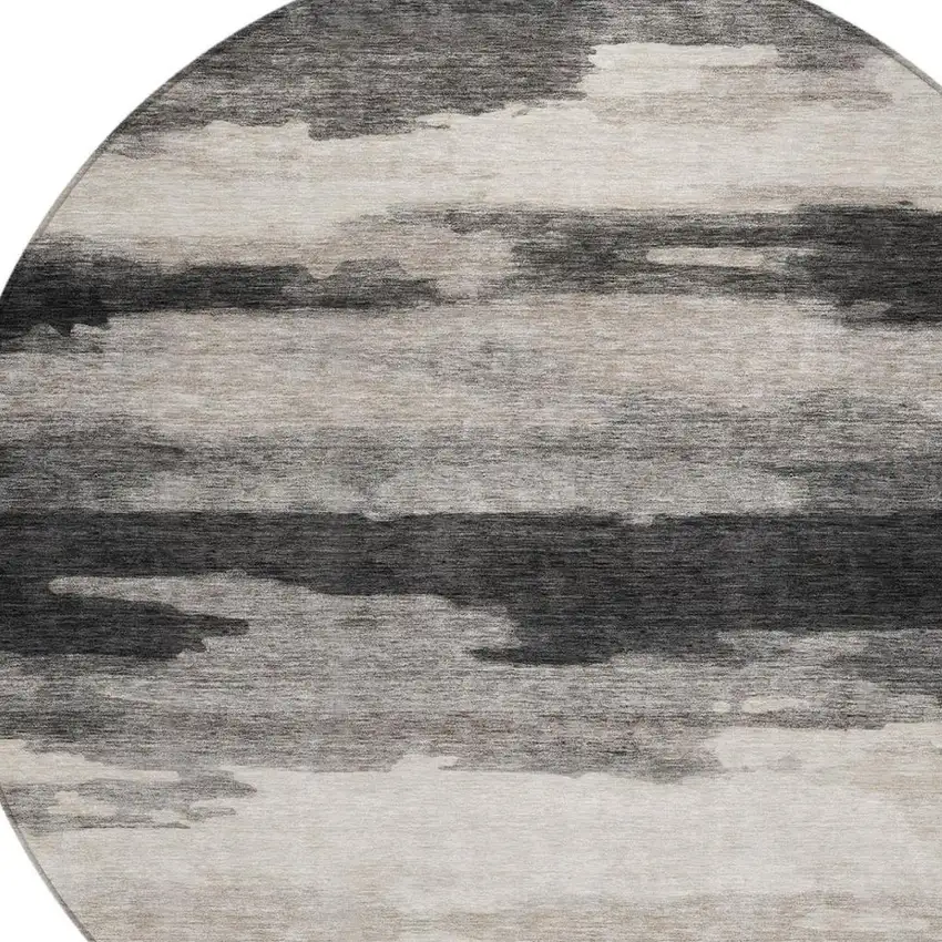8' Black And Graphite Round Abstract Washable Indoor Outdoor Area Rug Photo 2