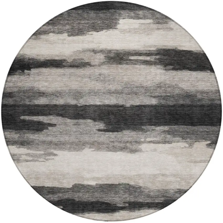 8' Black And Graphite Round Abstract Washable Indoor Outdoor Area Rug Photo 3