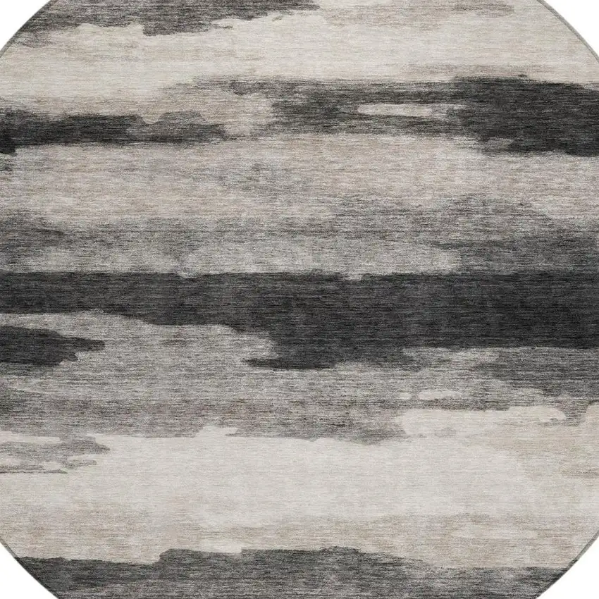 8' Black And Graphite Round Abstract Washable Indoor Outdoor Area Rug Photo 7