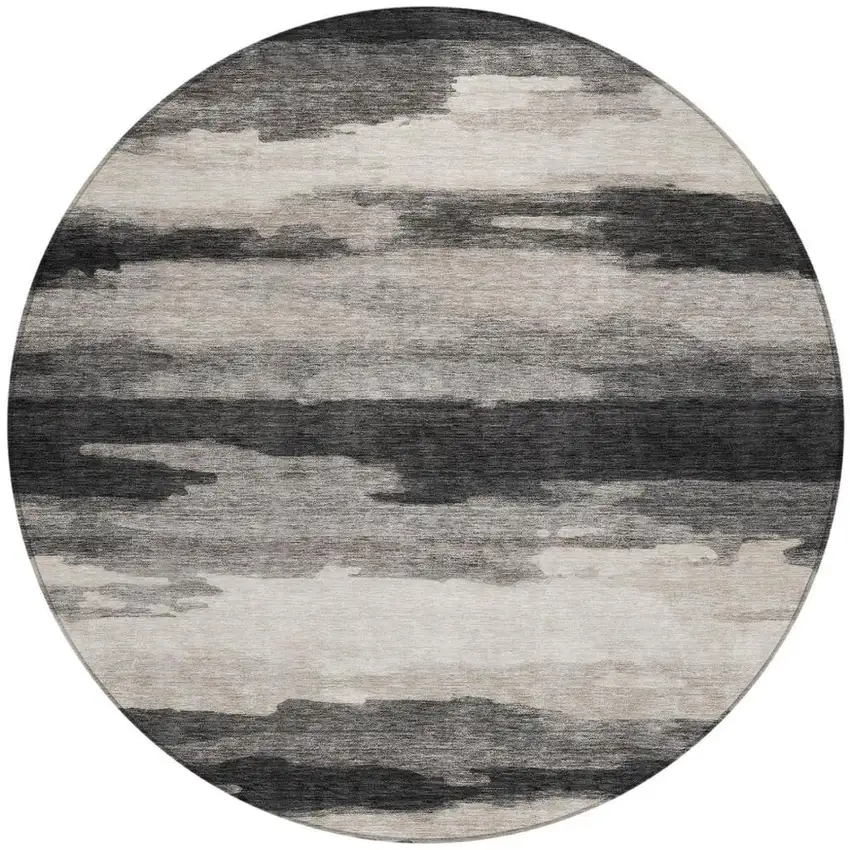 8' Black And Graphite Round Abstract Washable Indoor Outdoor Area Rug Photo 1