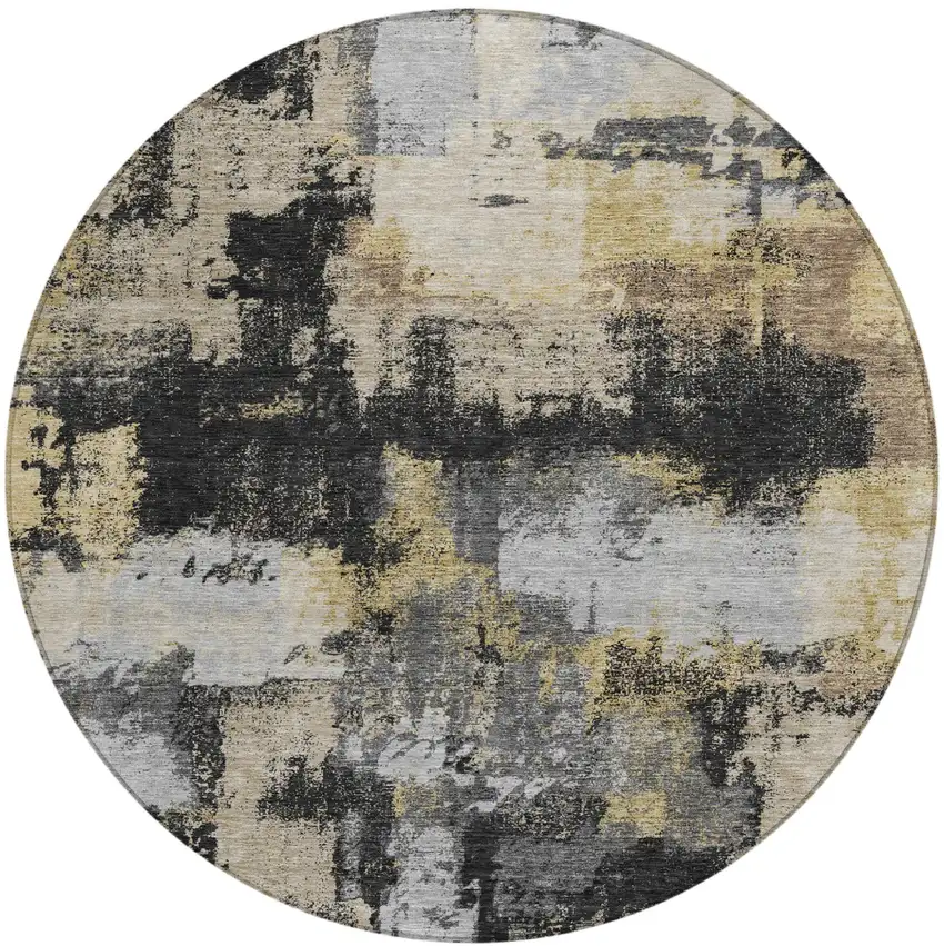 8' Black And Graphite Round Abstract Washable Indoor Outdoor Area Rug Photo 2