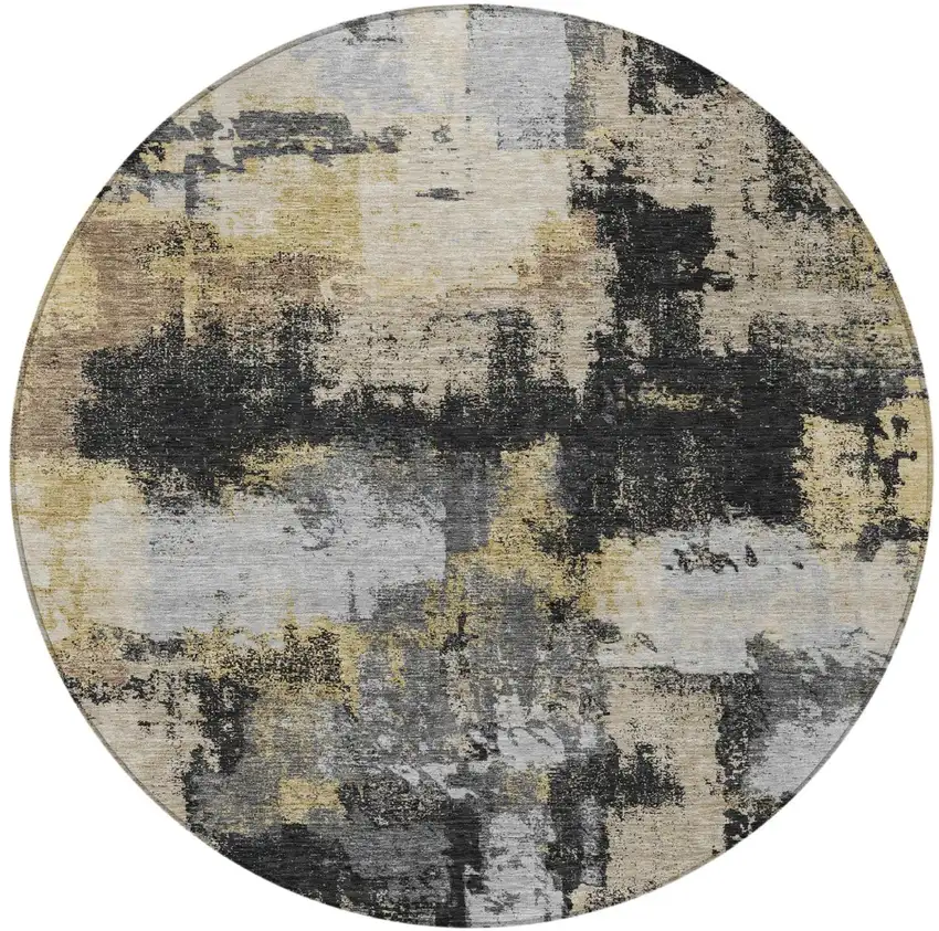 8' Black And Graphite Round Abstract Washable Indoor Outdoor Area Rug Photo 3