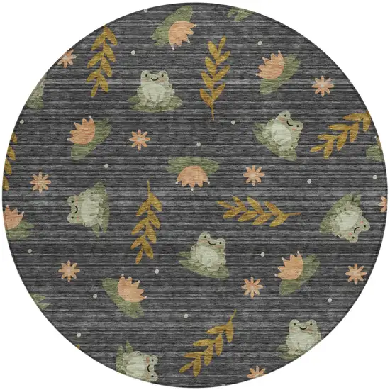 8' Black And Graphite Round Botanical Leaves Washable Indoor Outdoor Area Rug Photo 2