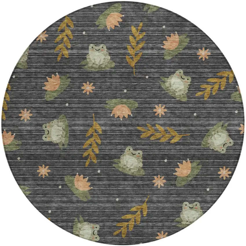 8' Black And Graphite Round Botanical Leaves Washable Indoor Outdoor Area Rug Photo 2