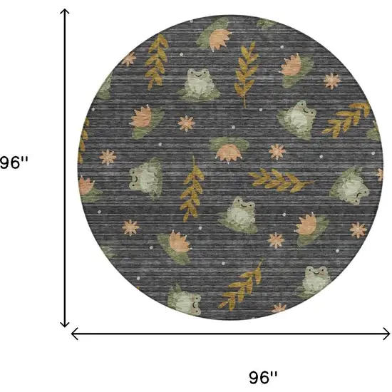 8' Black And Graphite Round Botanical Leaves Washable Indoor Outdoor Area Rug Photo 5