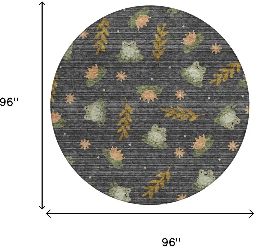 8' Black And Graphite Round Botanical Leaves Washable Indoor Outdoor Area Rug Photo 5