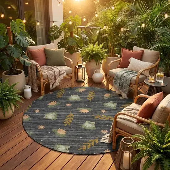 8' Black And Graphite Round Botanical Leaves Washable Indoor Outdoor Area Rug Photo 1