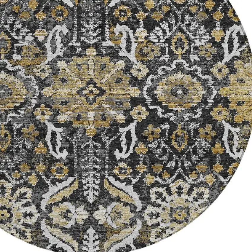 8' Black And Graphite Round Damask Washable Indoor Outdoor Area Rug Photo 2