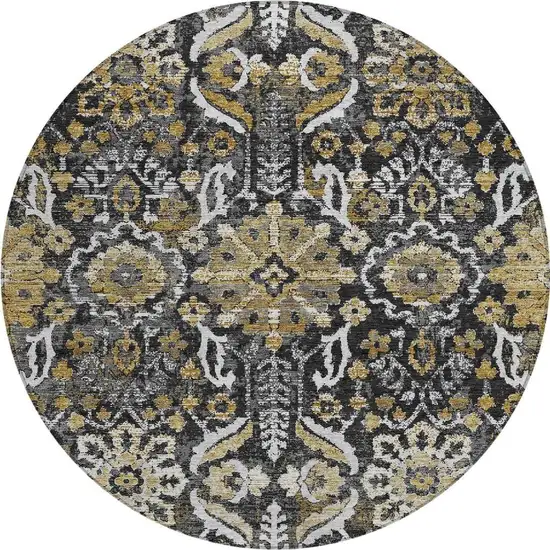 8' Black And Graphite Round Damask Washable Indoor Outdoor Area Rug Photo 3