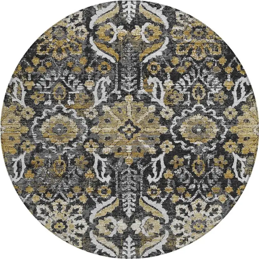 8' Black And Graphite Round Damask Washable Indoor Outdoor Area Rug Photo 3