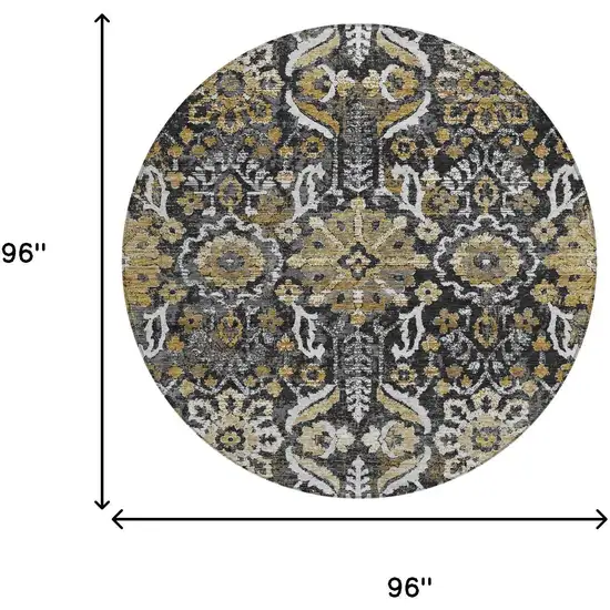 8' Black And Graphite Round Damask Washable Indoor Outdoor Area Rug Photo 6