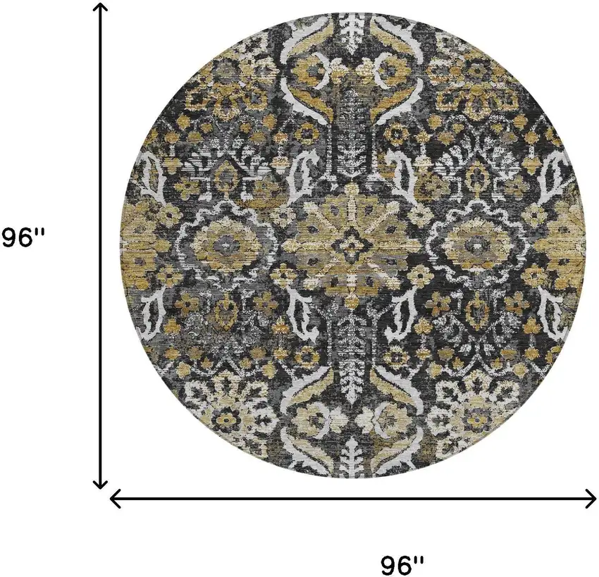 8' Black And Graphite Round Damask Washable Indoor Outdoor Area Rug Photo 6