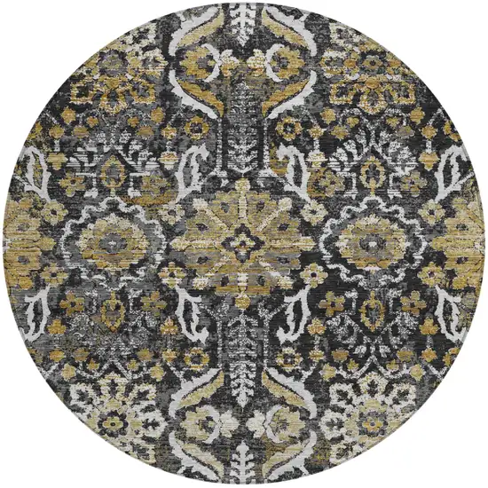 8' Black And Graphite Round Damask Washable Indoor Outdoor Area Rug Photo 1