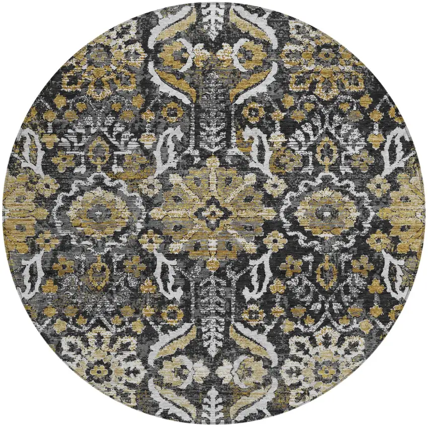 8' Black And Graphite Round Damask Washable Indoor Outdoor Area Rug Photo 1