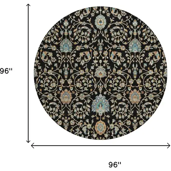 8' Black And Graphite Round Floral Washable Indoor Outdoor Area Rug Photo 5