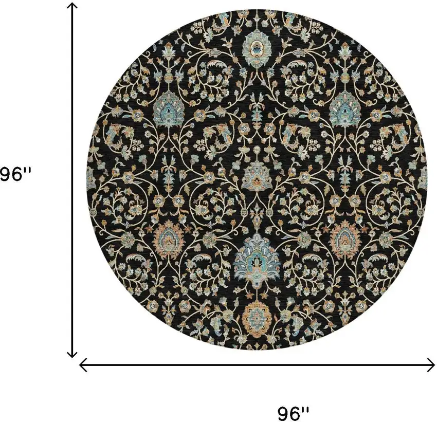 8' Black And Graphite Round Floral Washable Indoor Outdoor Area Rug Photo 5