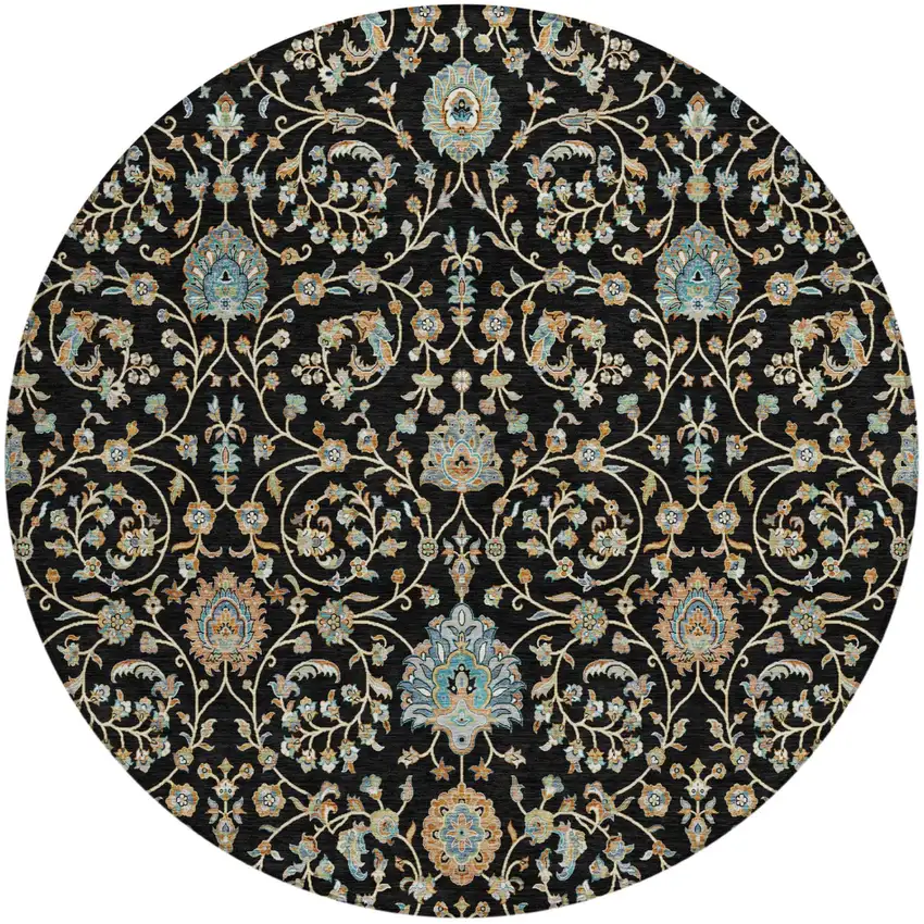 8' Black And Graphite Round Floral Washable Indoor Outdoor Area Rug Photo 2