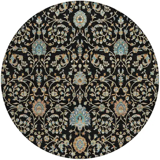 8' Black And Graphite Round Floral Washable Indoor Outdoor Area Rug Photo 2