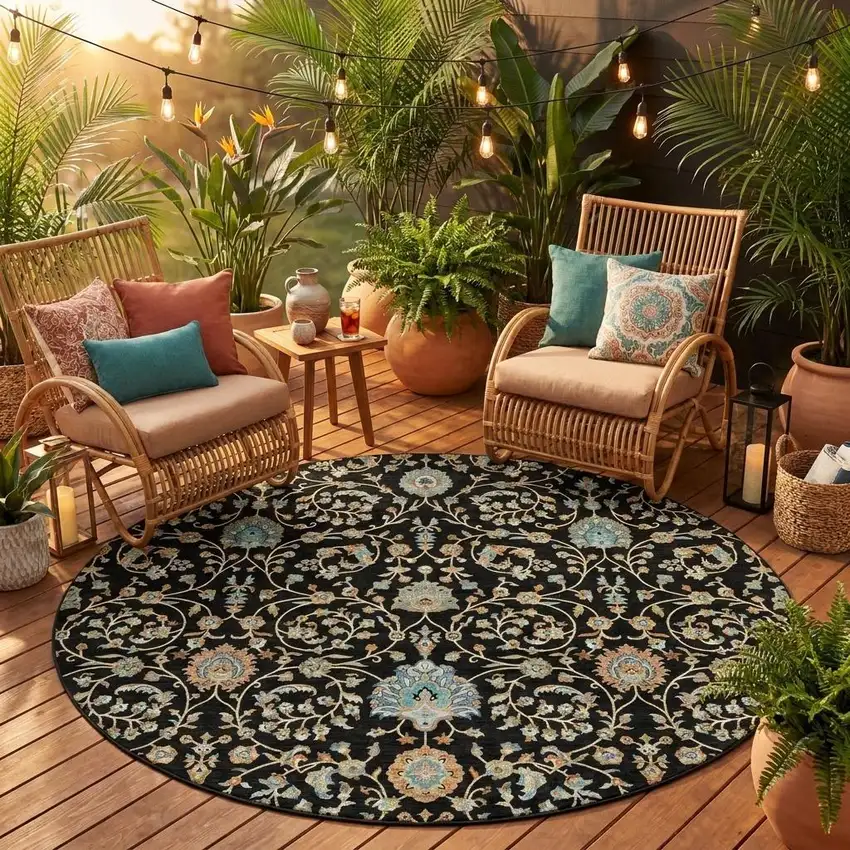 8' Black And Graphite Round Floral Washable Indoor Outdoor Area Rug Photo 1