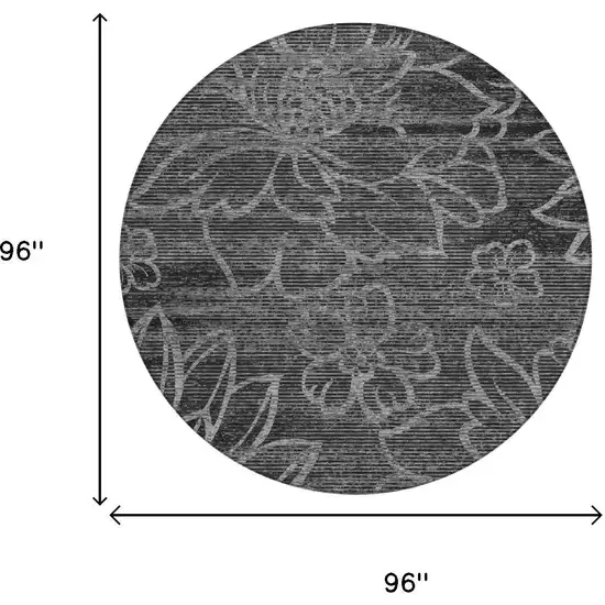 8' Black And Graphite Round Floral Washable Indoor Outdoor Area Rug Photo 5