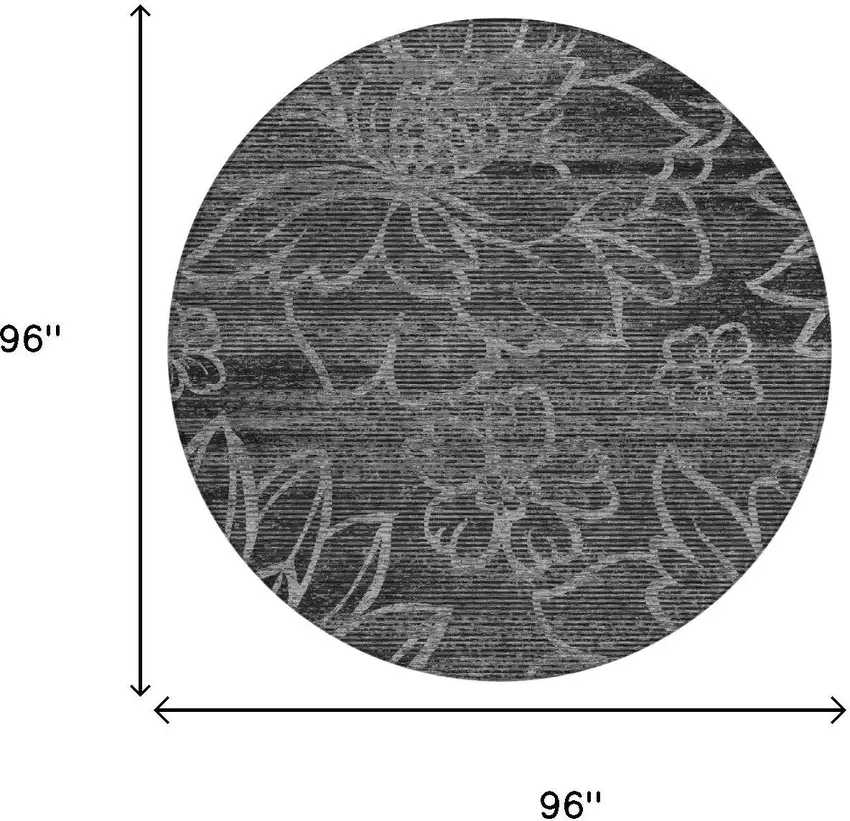 8' Black And Graphite Round Floral Washable Indoor Outdoor Area Rug Photo 5
